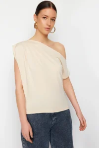TRENDYOLMİLLA Stone Regular/Normal Pattern Asymmetric Collar Zero Sleeve Flexible Knitting Blouse - Image 2