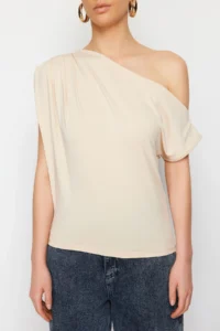 TRENDYOLMİLLA Stone Regular/Normal Pattern Asymmetric Collar Zero Sleeve Flexible Knitting Blouse - Image 5