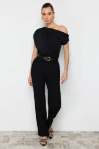 TRENDYOLMİLLA Black Regular/Normal Pattern Asymmetric Collar Zero Sleeve Flexible Knitting Blouse - Image 2