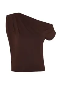 TRENDYOLMİLLA Brown Regular/Normal Pattern Asymmetric Collar Zero Sleeve Flexible Knitting Blouse - Image 7
