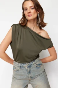 TRENDYOLMİLLA Khaki Regular/Normal Pattern Asymmetric Collar Zero Sleeve Flexible Knitting Blouse - Image 2