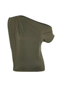 TRENDYOLMİLLA Khaki Regular/Normal Pattern Asymmetric Collar Zero Sleeve Flexible Knitting Blouse - Image 7