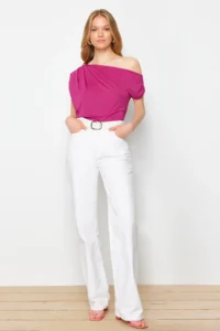 TRENDYOLMİLLA Fuchsia Regular/Normal Pattern Asymmetric Collar Zero Sleeve Flexible Knitting Blouse - Image 3