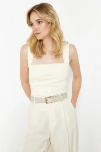 TRENDYOLMİLLA Stone Plain Square Neck Sleeveless Shirred Fitted Flexible Knitting Blouse - Image 3