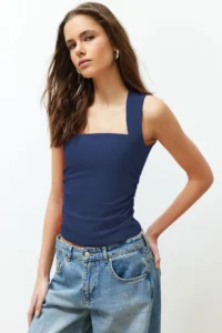 TRENDYOLMİLLA Indigo Plain Square Neck Sleeveless Shirred Fitted Flexible Knitting Blouse - Image 2