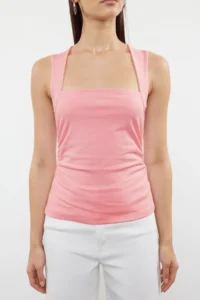TRENDYOLMİLLA Pink Plain Square Neck Sleeveless Shirred Fitted Flexible Knitting Blouse - Image 4