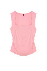 TRENDYOLMİLLA Pink Plain Square Neck Sleeveless Shirred Fitted Flexible Knitting Blouse - Image 7