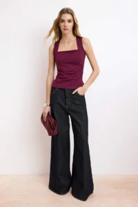TRENDYOLMİLLA Plum Plain Square Neck Sleeveless Shirred Fitted Flexible Knitting Blouse