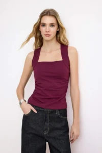 TRENDYOLMİLLA Plum Plain Square Neck Sleeveless Shirred Fitted Flexible Knitting Blouse - Image 2