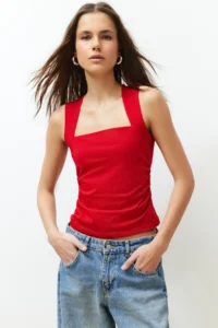 TRENDYOLMİLLA Rejection Plain Square Neck Sleeveless Shirred Fitted Flexible Knitting Blouse
