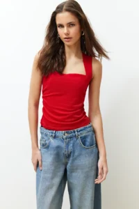 TRENDYOLMİLLA Rejection Plain Square Neck Sleeveless Shirred Fitted Flexible Knitting Blouse - Image 2