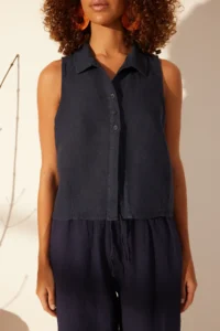 TRENDYOLMİLLA Navy Blue 100% Linen Sleeveless Blouse - Image 4