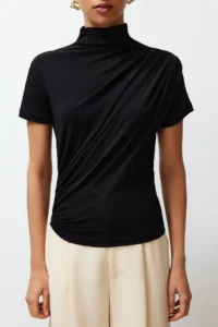 TRENDYOLMİLLA Black Drape Detailed Fitted Short Sleeve Dog collar Flexible Knitting Blouse - Image 4