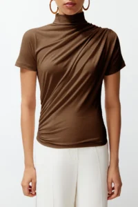 TRENDYOLMİLLA Brown Drape Detailed Fitted Short Sleeve Dog collar Flexible Knitting Blouse - Image 4