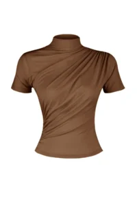TRENDYOLMİLLA Brown Drape Detailed Fitted Short Sleeve Dog collar Flexible Knitting Blouse - Image 7