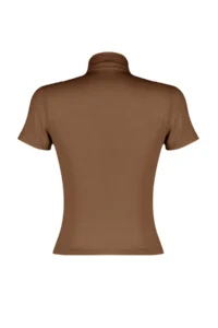 TRENDYOLMİLLA Brown Drape Detailed Fitted Short Sleeve Dog collar Flexible Knitting Blouse - Image 8