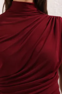 TRENDYOLMİLLA Burgundy Draped Fitted Short Sleeve Dog collar Flexible Knitting Blouse - Image 3