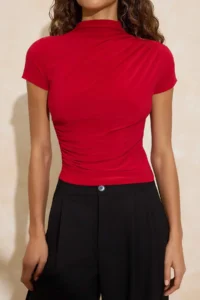 TRENDYOLMİLLA Rejection Drapeli Fitted Short Sleeve Dog collar Flexible Knitting Blouse - Image 3
