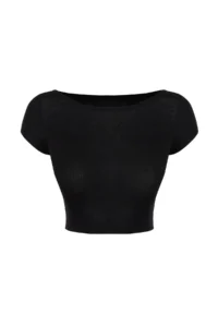 TRENDYOLMİLLA Black Crew Neck Moon Arm Fitted Crop Knitting Blouse - Image 7