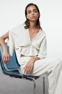 TRENDYOLMİLLA Ecru textured Material with flywheel  Weaving Blouse
