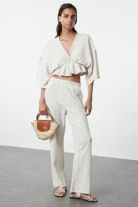 TRENDYOLMİLLA Ecru textured Material with flywheel  Weaving Blouse - Image 2