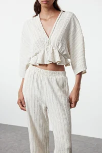 TRENDYOLMİLLA Ecru textured Material with flywheel  Weaving Blouse - Image 4
