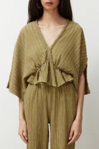 TRENDYOLMİLLA Oil Green textured Material with flywheel Weaving Blouse - Image 5