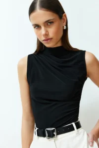 TRENDYOLMİLLA Black Zero Sleeve Shirred Flexible Knitting Blouse - Image 2