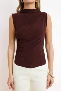 TRENDYOLMİLLA Brown Zero Sleeve Shirred Fitted Flexible Knitting Blouse - Image 3