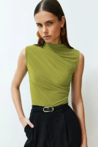 TRENDYOLMİLLA Apple Green Zero Sleeve Shirred Fitted Flexible Knitting Blouse - Image 2