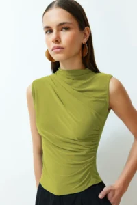 TRENDYOLMİLLA Apple Green Zero Sleeve Shirred Fitted Flexible Knitting Blouse - Image 3