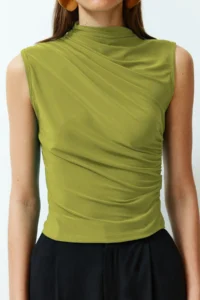 TRENDYOLMİLLA Apple Green Zero Sleeve Shirred Fitted Flexible Knitting Blouse - Image 5