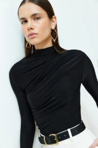 TRENDYOLMİLLA Black Shirred Square Neck Fitted Flexible Knitting Blouse - Image 2