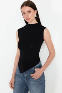 TRENDYOLMİLLA Black Dog collar Drape Detailed Fitted Asymmetric Knitting Blouse