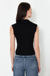 TRENDYOLMİLLA Black Dog collar Drape Detailed Fitted Asymmetric Knitting Blouse - Image 6