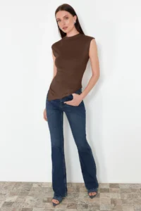 TRENDYOLMİLLA Brown Dog collar Drape Detailed Fitted Asymmetric Knitting Blouse - Image 2