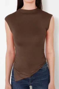 TRENDYOLMİLLA Brown Dog collar Drape Detailed Fitted Asymmetric Knitting Blouse - Image 5