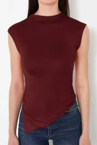 TRENDYOLMİLLA Burgundy Dog collar Drape Detailed Fitted Asymmetric Knitting Blouse - Image 2