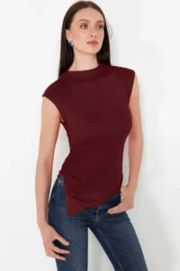 TRENDYOLMİLLA Burgundy Dog collar Drape Detailed Fitted Asymmetric Knitting Blouse - Image 5