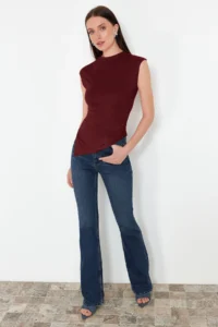 TRENDYOLMİLLA Burgundy Dog collar Drape Detailed Fitted Asymmetric Knitting Blouse - Image 6