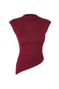 TRENDYOLMİLLA Burgundy Dog collar Drape Detailed Fitted Asymmetric Knitting Blouse - Image 7
