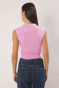 TRENDYOLMİLLA Light Pink Dog collar Drape Detailed Fitted Asymmetric Knitting Blouse - Image 4