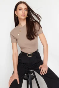 TRENDYOLMİLLA Mink Button Detailed Ribbed Fitted Flexible Knitting Blouse - Image 5