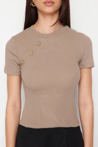 TRENDYOLMİLLA Mink Button Detailed Ribbed Fitted Flexible Knitting Blouse - Image 8