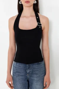 TRENDYOLMİLLA Black Barbell Neck Belt Detailed Fitted Knitting Blouse - Image 5