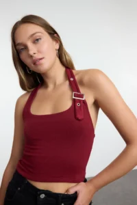 TRENDYOLMİLLA Burgundy Barbell Neck Belt Detailed Fitted Knitting Blouse