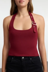 TRENDYOLMİLLA Burgundy Barbell Neck Belt Detailed Fitted Knitting Blouse - Image 2