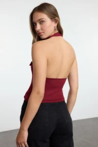 TRENDYOLMİLLA Burgundy Barbell Neck Belt Detailed Fitted Knitting Blouse - Image 4