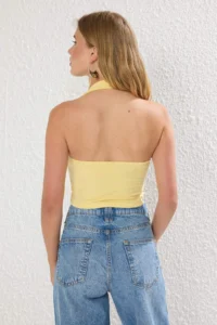 TRENDYOLMİLLA Light Yellow Barbell Neck Belt Detailed Fitted Knitting Blouse - Image 4