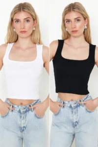 TRENDYOLMİLLA Black-White 2 Sets Package Fitted Ribbed Flexible Knitting Blouse